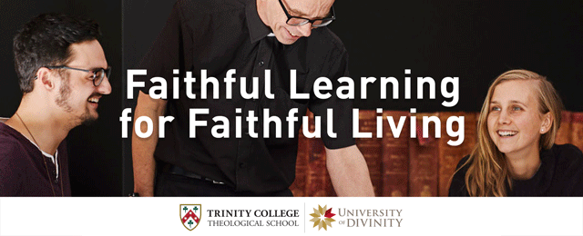 Banner image depicting two men and one woman laughing and talking with the text "Enrol at Trinity College Theological School, today"