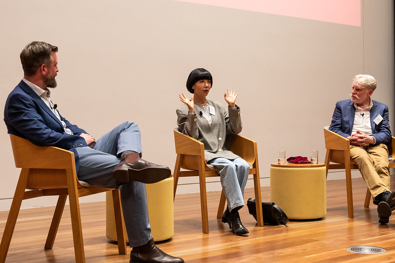 Rusden Curator Dr Ben Thomas in conversation with past Archibald Prize winners Yvette Coppersmith and Peter Wegner