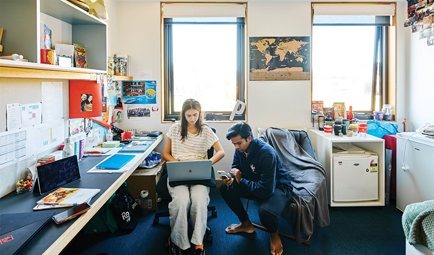 Image of a girl and a boy studying in one of the second year rooms at the residential college of Trinity