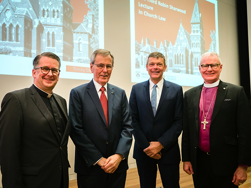 Rev Dr Robert Derrenbacker, Dean of Trinity Theological School, Revd Dr Bruce Kaye AM, Prof Ken Hinchcliff, Warden and CEO of Trinity College, the Most Reverend Dr Philip Freier at the 2020 Melbourne Sharwood Lecture